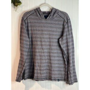 Prana Mens Hooded Striped Long Sleeve Pullover Shirt L Cotton Blend Blue/Brown